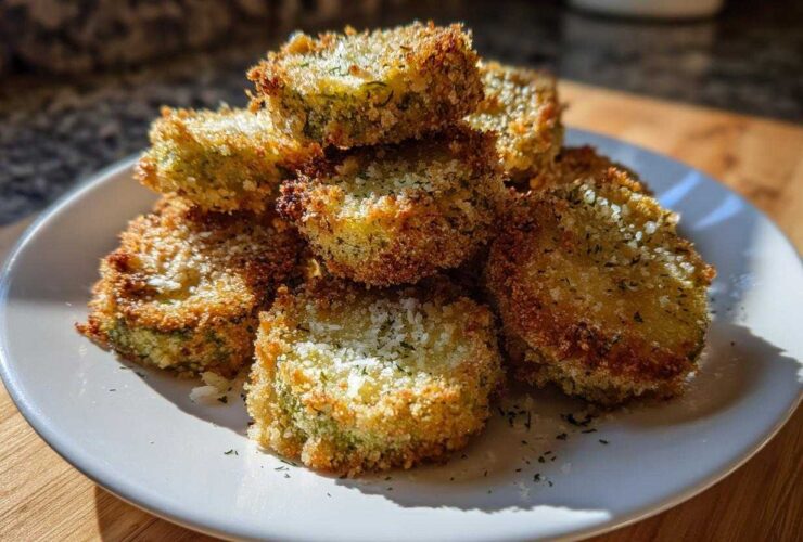 A stack of golden brown Air Fryer Crispy Garlic Dill Pickles slices dusted with herbs and salt on a white plate.