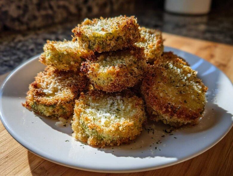 A stack of golden brown Air Fryer Crispy Garlic Dill Pickles slices dusted with herbs and salt on a white plate.