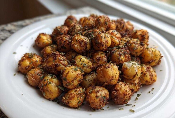 A pile of golden brown, crispy Air Fryer Crispy Garlic Herb Chickpeas seasoned with herbs on a white plate.