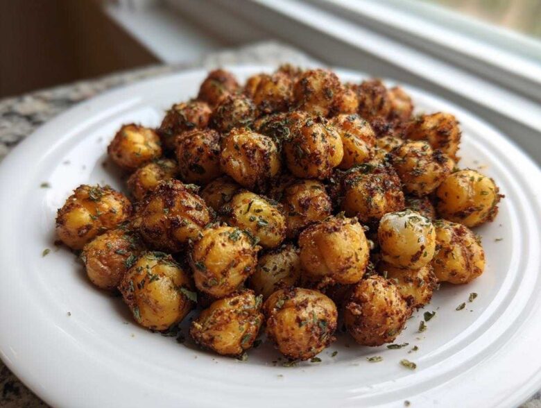 A pile of golden brown, crispy Air Fryer Crispy Garlic Herb Chickpeas seasoned with herbs on a white plate.