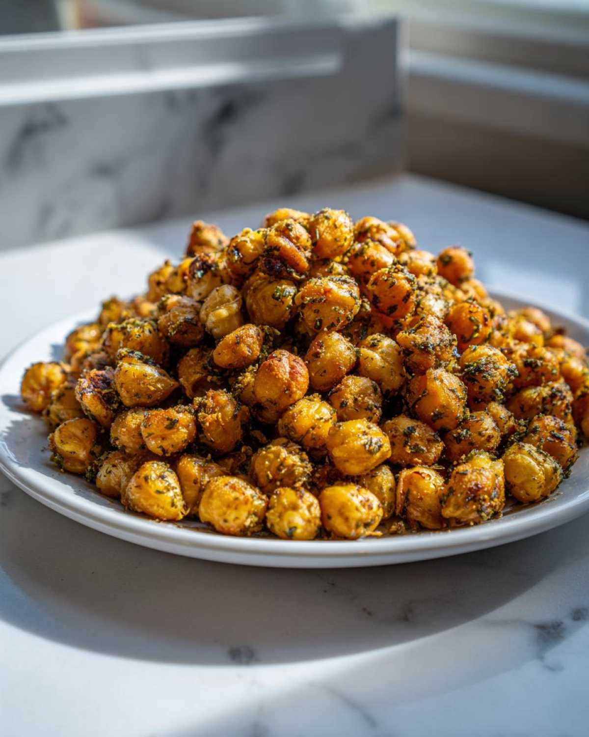 A mound of golden brown Air Fryer Crispy Garlic Herb Chickpeas seasoned with green herbs, served on a white plate.