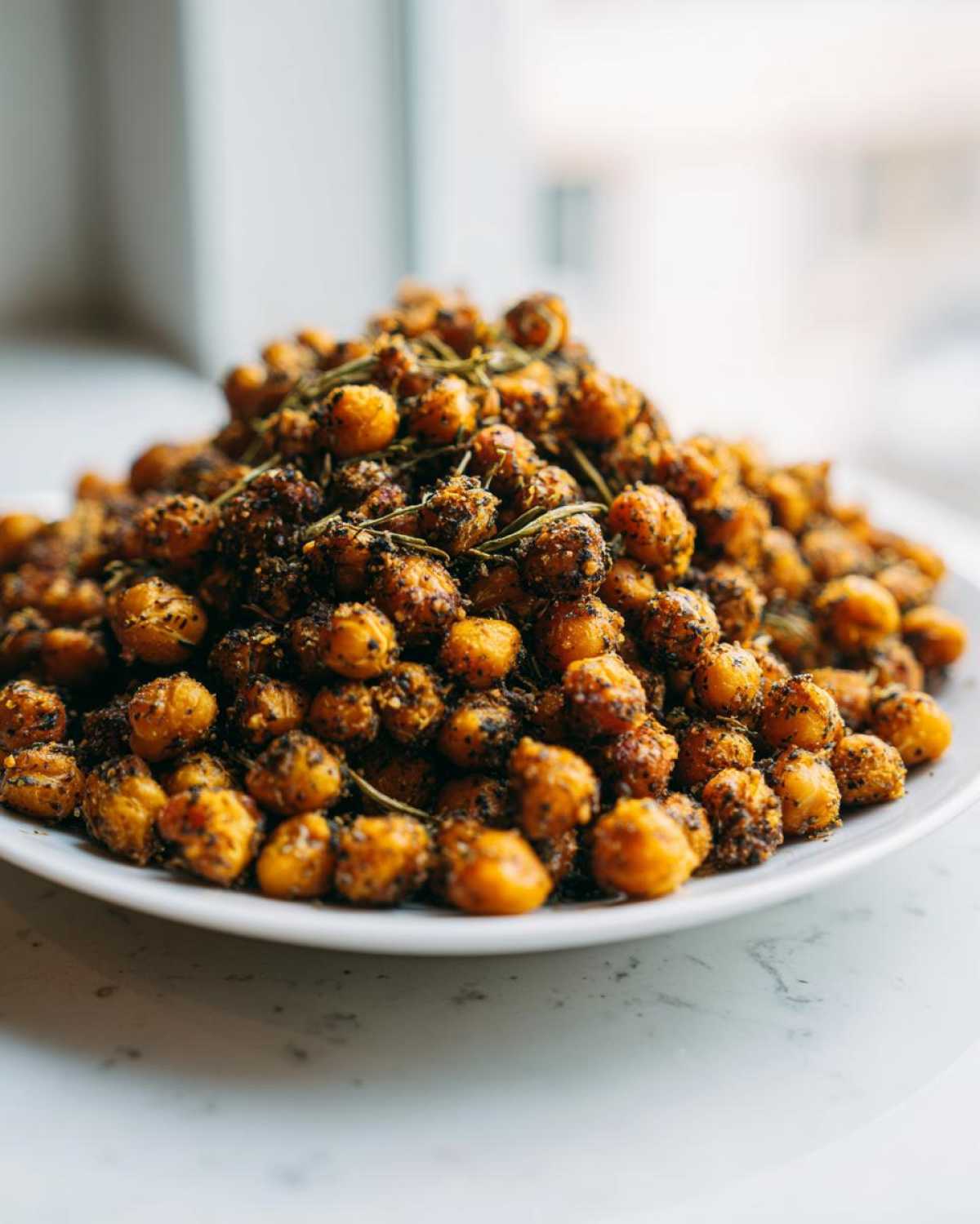 A mound of golden brown Air Fryer Crispy Garlic Herb Chickpeas seasoned heavily with herbs and spices, served on a white plate.
