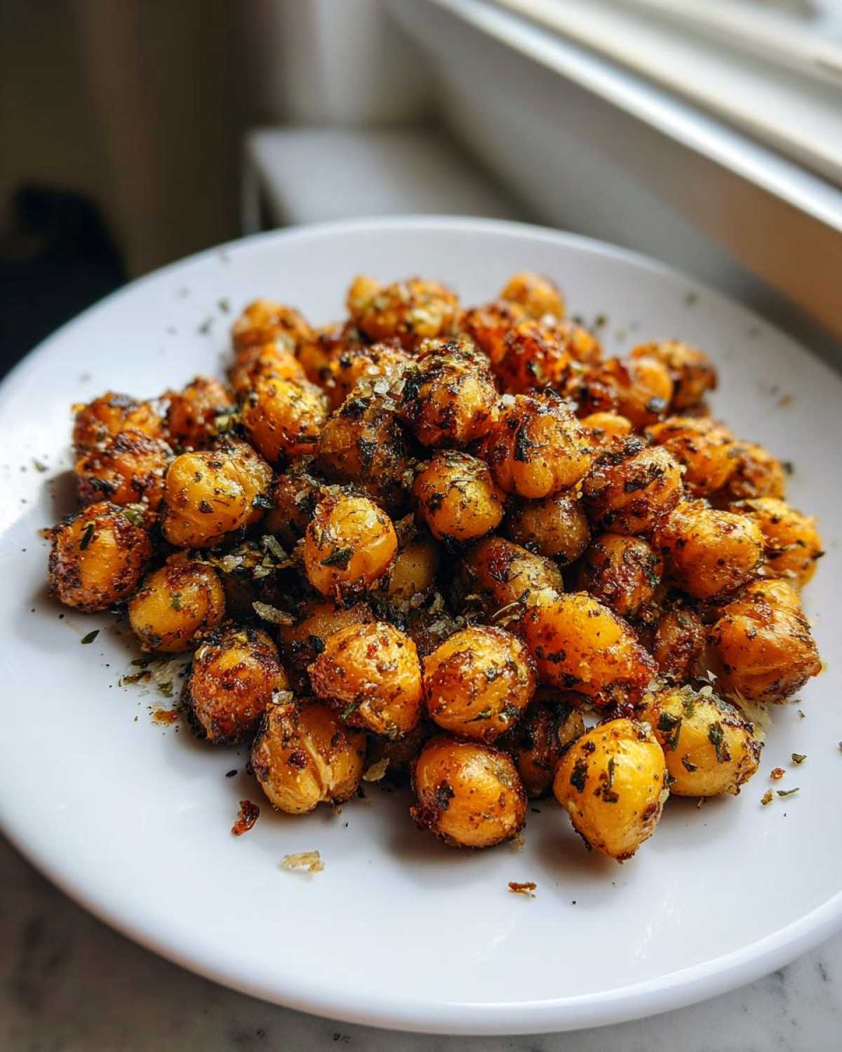 A close-up of golden brown Air Fryer Crispy Garlic Herb Chickpeas piled on a white plate, seasoned with herbs and salt.