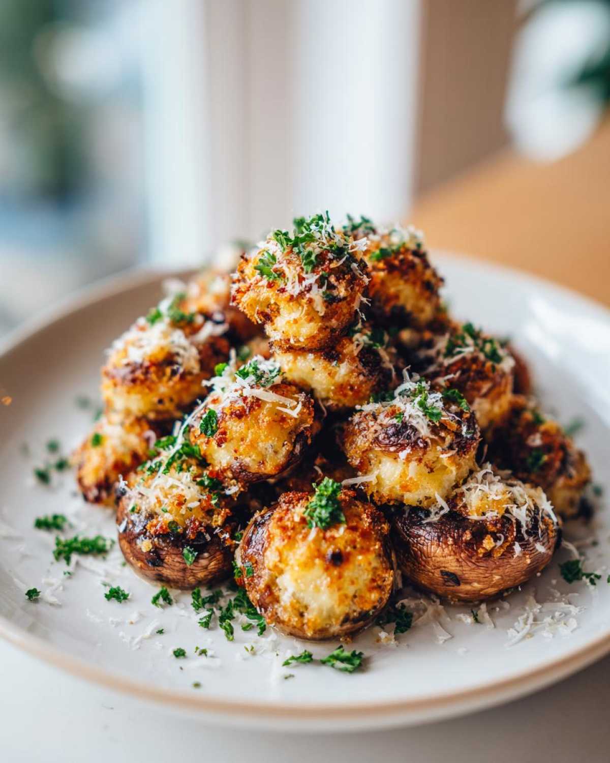 A pile of Air Fryer Crispy Garlic Parmesan Mushrooms topped with grated cheese and fresh parsley.