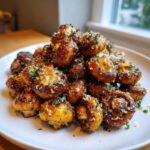 A mound of perfectly cooked Air Fryer Crispy Garlic Parmesan Mushrooms sprinkled with cheese and parsley.