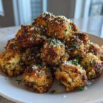 A mound of golden brown Air Fryer Crispy Garlic Parmesan Mushrooms topped with grated cheese and parsley.