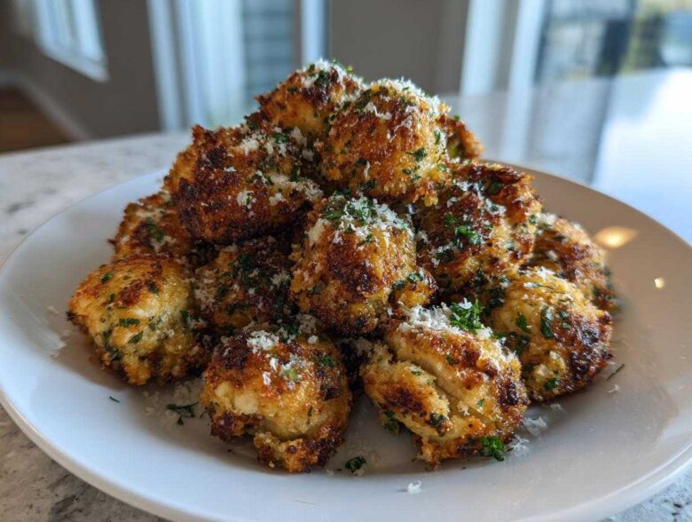 A mound of golden brown Air Fryer Crispy Garlic Parmesan Mushrooms topped with grated cheese and parsley.