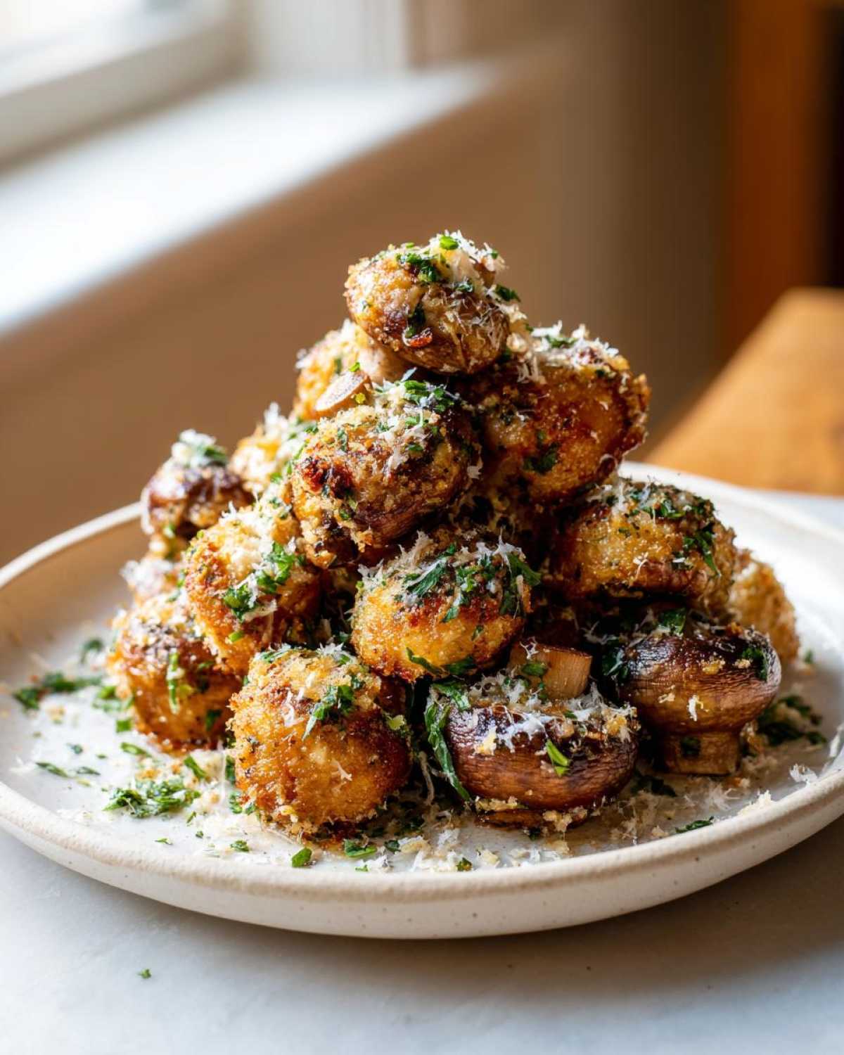 A tall pile of golden brown Air Fryer Crispy Garlic Parmesan Mushrooms topped with grated cheese and fresh parsley.