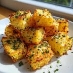 A close-up pile of golden brown Air Fryer Crispy Garlic Parmesan Potato Cubes topped with fresh parsley.