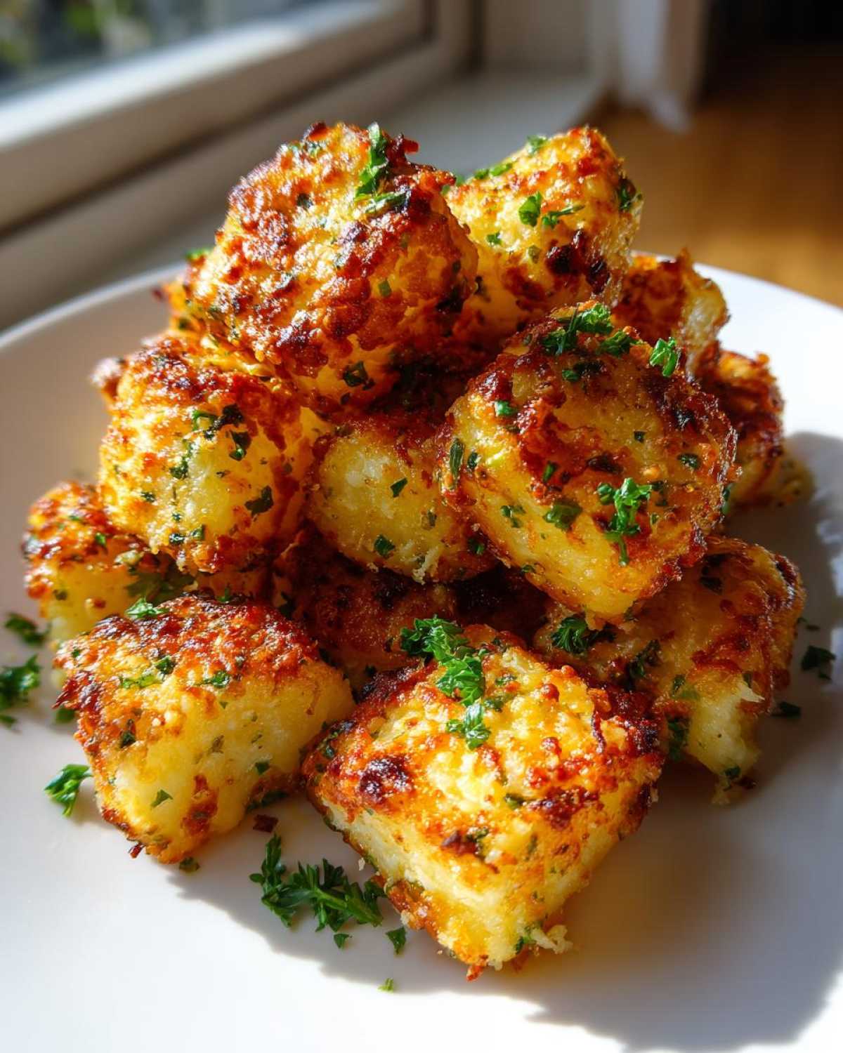 A pile of golden brown Air Fryer Crispy Garlic Parmesan Potato Cubes garnished with fresh parsley.