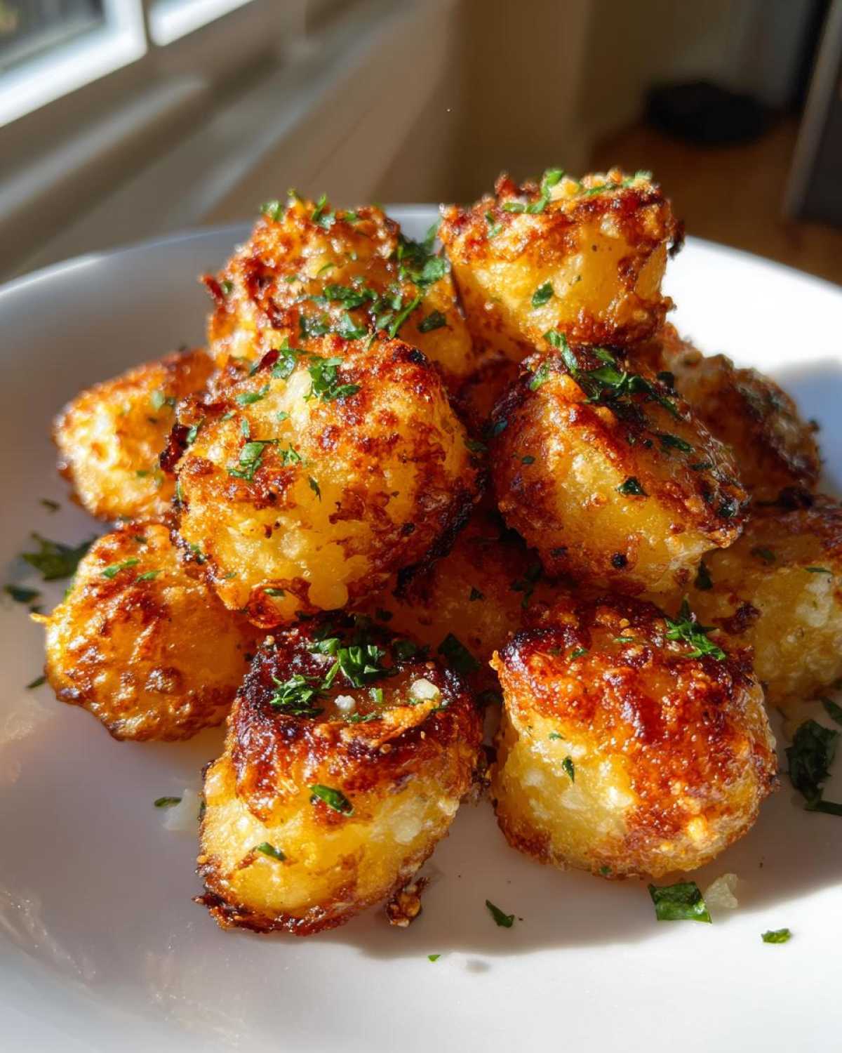 A pile of golden brown, crispy Air Fryer Garlic Parmesan Potato Cubes garnished with fresh parsley.