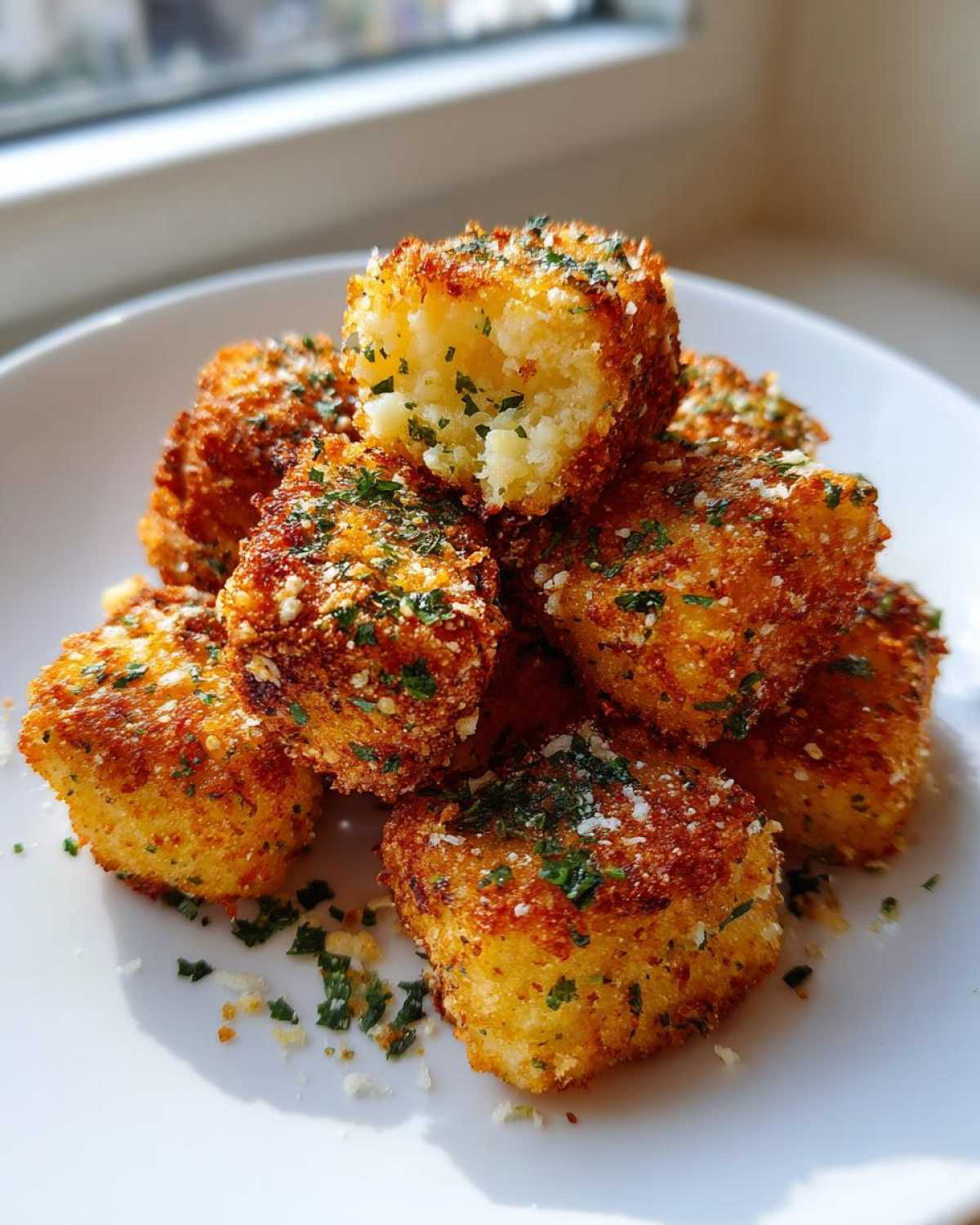 A stack of golden brown Air Fryer Crispy Garlic Parmesan Potato Cubes sprinkled with parsley and cheese.