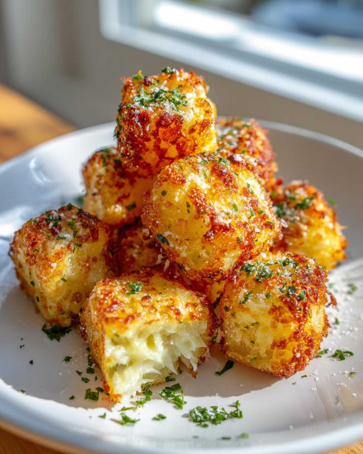 A stack of golden brown Air Fryer Crispy Garlic Parmesan Potato Cubes sprinkled with parsley on a white plate.
