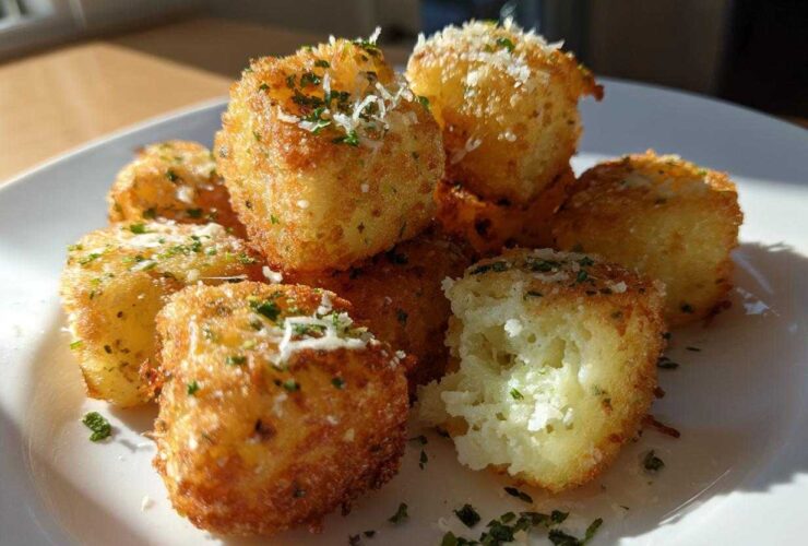 A pile of golden brown Air Fryer Crispy Garlic Parmesan Potato Cubes topped with cheese and parsley.