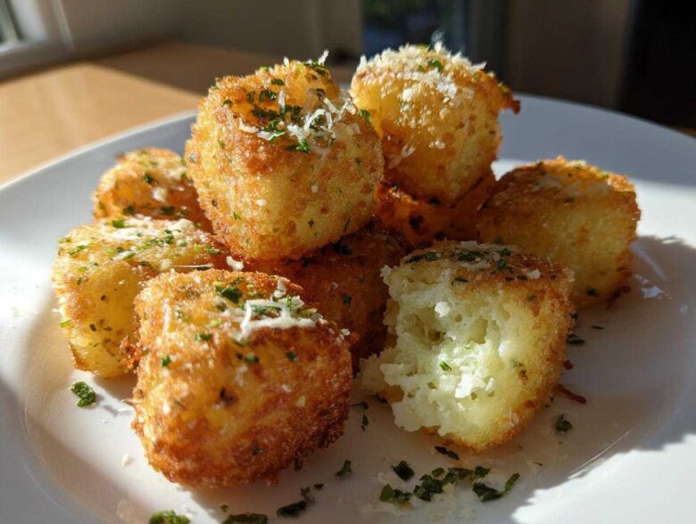 A pile of golden brown Air Fryer Crispy Garlic Parmesan Potato Cubes topped with cheese and parsley.