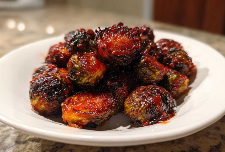 A white bowl filled with glossy, caramelized Air Fryer Crispy Gochujang Brussels Sprouts, showing charring and a rich red glaze.