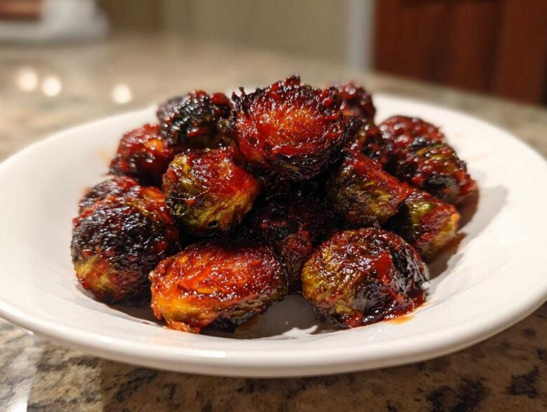 A white bowl filled with glossy, caramelized Air Fryer Crispy Gochujang Brussels Sprouts, showing charring and a rich red glaze.