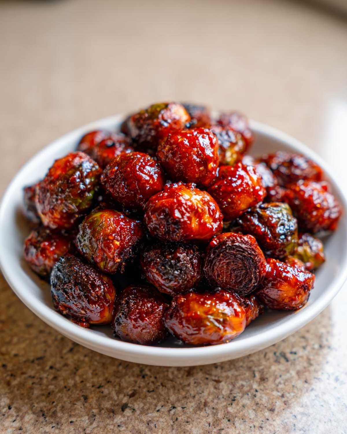 A white bowl filled with glossy, caramelized Air Fryer Crispy Gochujang Brussels Sprouts.