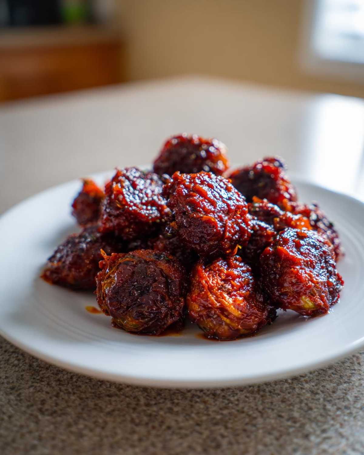 A pile of glossy, dark red Air Fryer Crispy Gochujang Brussels Sprouts served on a white plate.