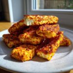 A stack of golden brown, seasoned Air Fryer Crispy Halloumi Fries piled high on a speckled white plate.