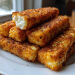 A stack of golden brown Air Fryer Crispy Halloumi Fries on a white plate, one piece broken open showing the soft white cheese inside.