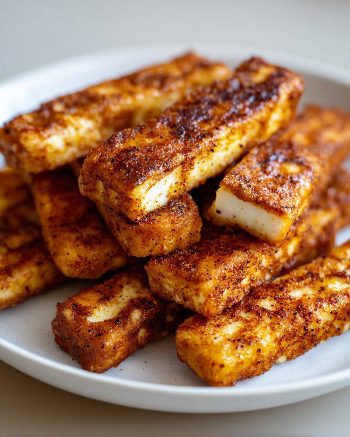 A close-up of seasoned Air Fryer Crispy Halloumi Fries stacked high on a light gray plate.