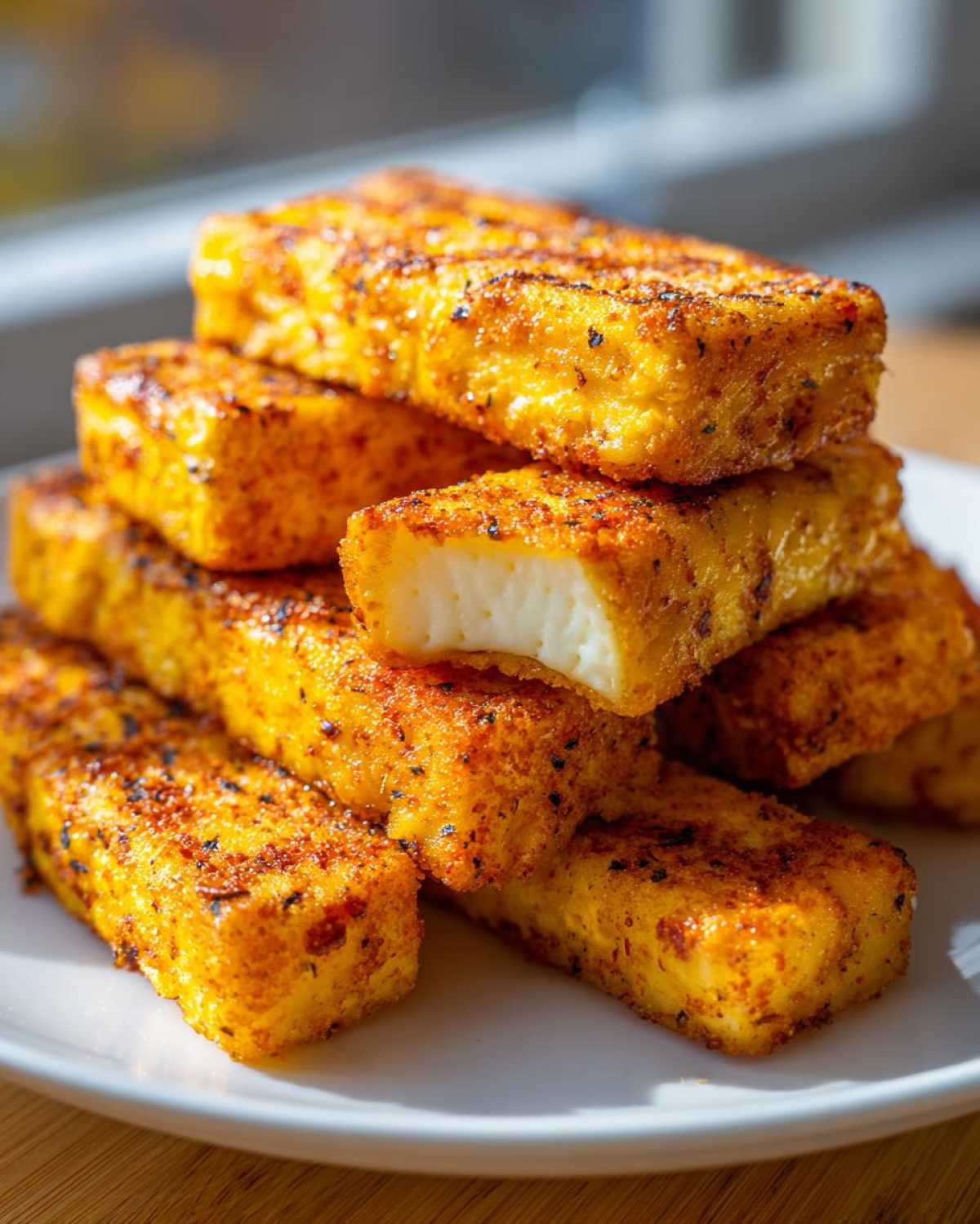 A stack of golden brown Air Fryer Crispy Halloumi Fries on a white plate, one piece showing the soft white interior.