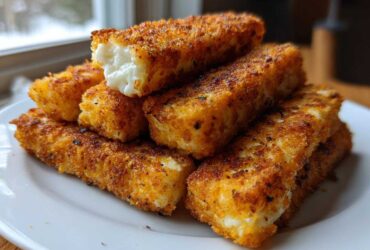 A stack of golden brown Air Fryer Crispy Halloumi Fries on a white plate, one piece broken open showing the soft white cheese inside.