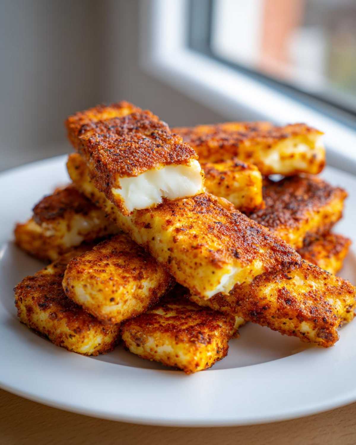 Close-up of a stack of golden brown Air Fryer Crispy Halloumi Fries, showing the white, soft interior of one broken piece.