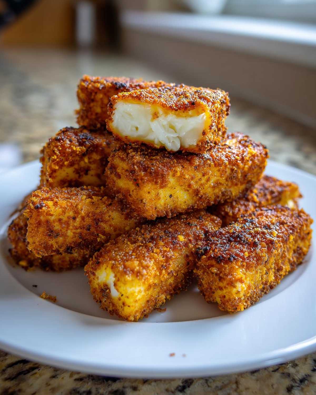 A stack of golden brown, crispy Air Fryer Crispy Halloumi Fries on a white plate, with one piece broken open showing the soft interior.