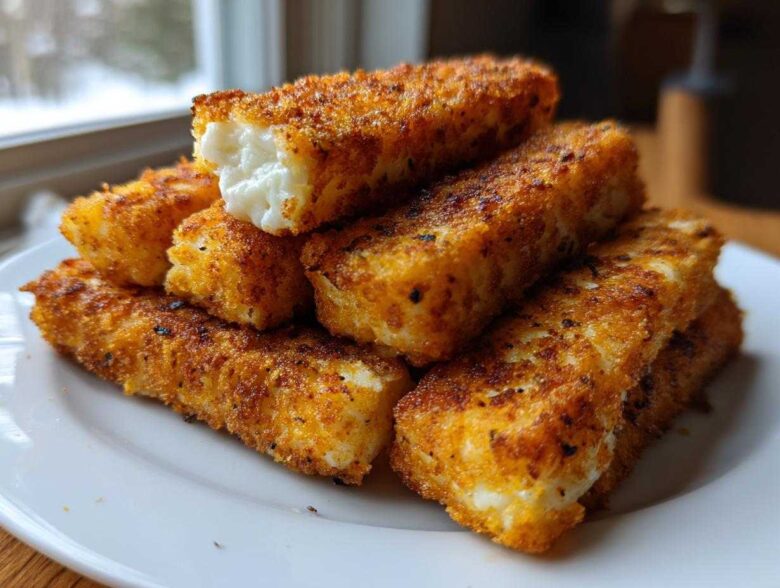 A stack of golden brown Air Fryer Crispy Halloumi Fries on a white plate, one piece broken open showing the soft white cheese inside.