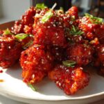 A plate of glossy, red Air Fryer Crispy Korean Chicken Bites garnished with sesame seeds and sliced green onions.