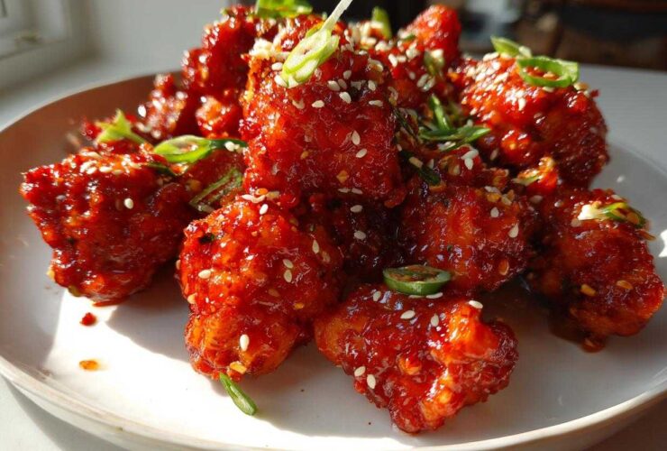 A plate of glossy, red Air Fryer Crispy Korean Chicken Bites garnished with sesame seeds and sliced green onions.
