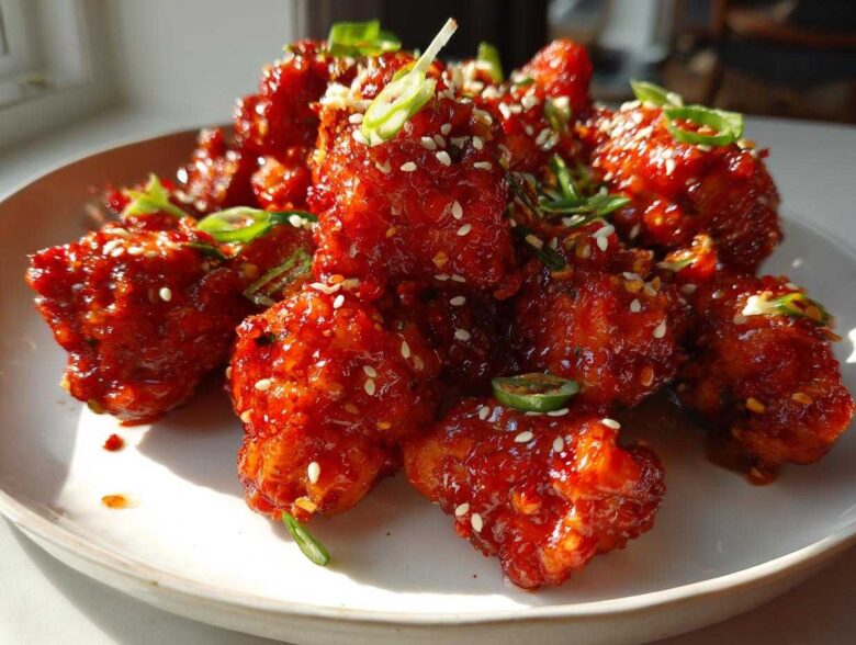 A plate of glossy, red Air Fryer Crispy Korean Chicken Bites garnished with sesame seeds and sliced green onions.