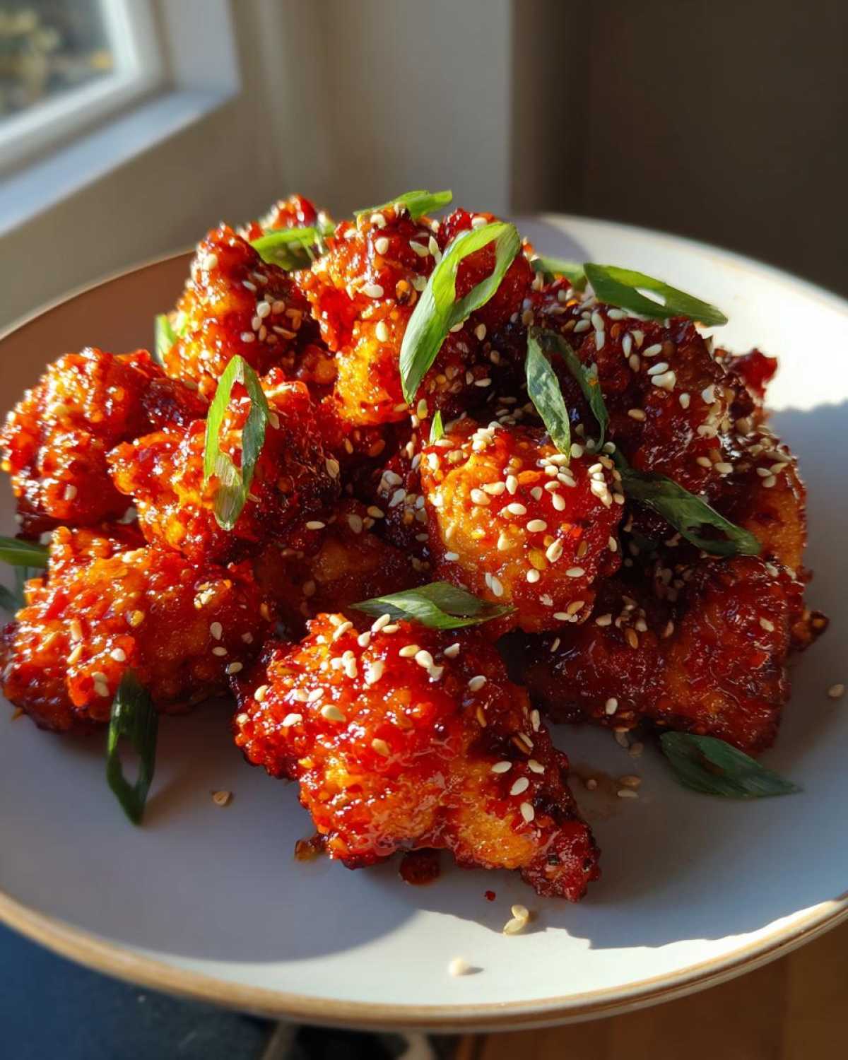 A plate piled high with Air Fryer Crispy Korean Chicken Bites coated in a shiny red glaze and sprinkled with sesame seeds and green onions.