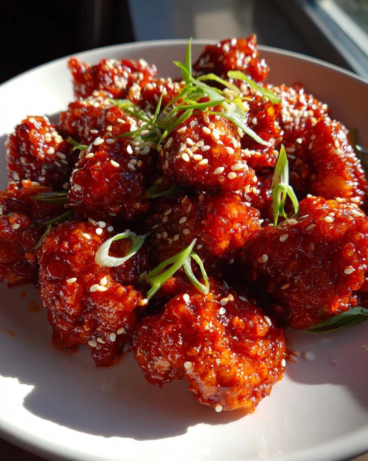 Close-up of glossy, red-glazed Air Fryer Crispy Korean Chicken Bites topped with sesame seeds and green onions.