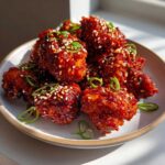 A close-up of glossy, saucy Air Fryer Crispy Korean Chicken Bites garnished with sesame seeds and green onions.