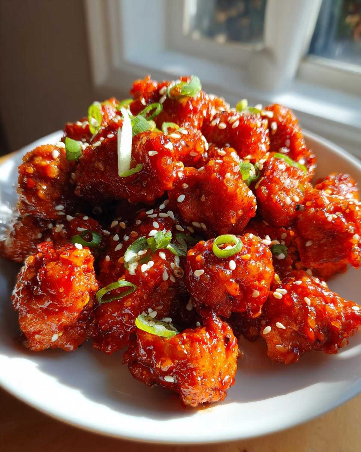 A close-up of glossy, bright red Air Fryer Crispy Korean Chicken Bites topped with sesame seeds and green onions.
