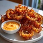 A plate piled high with golden brown Air Fryer Crispy Onion Petals next to a small bowl of spicy mayo.