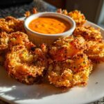 Golden brown Air Fryer Crispy Onion Petals arranged on a white plate around a small bowl of spicy mayo dip.