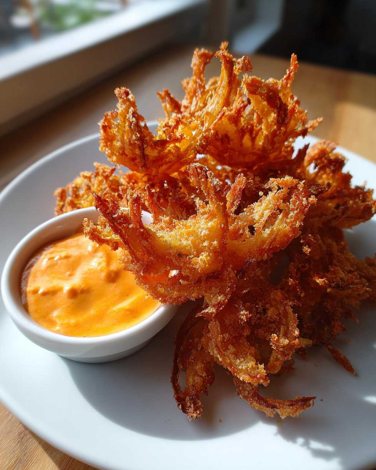 Golden brown, crispy Air Fryer Crispy Onion Petals served on a white plate next to a small bowl of orange spicy mayo.