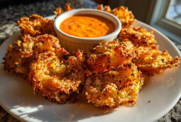 Golden brown Air Fryer Crispy Onion Petals arranged on a white plate around a small bowl of spicy mayo dip.