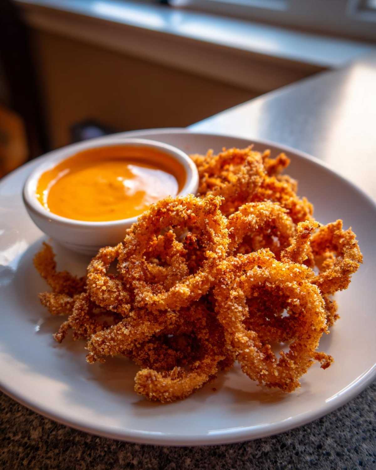 A plate of golden brown Air Fryer Crispy Onion Petals served next to a small bowl of bright orange spicy mayo dipping sauce.