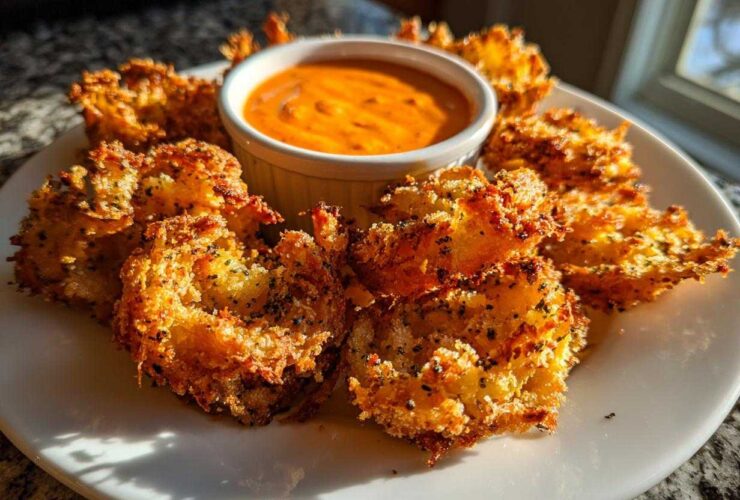 Golden brown Air Fryer Crispy Onion Petals arranged on a white plate around a small bowl of spicy mayo dip.