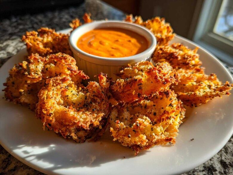 Golden brown Air Fryer Crispy Onion Petals arranged on a white plate around a small bowl of spicy mayo dip.