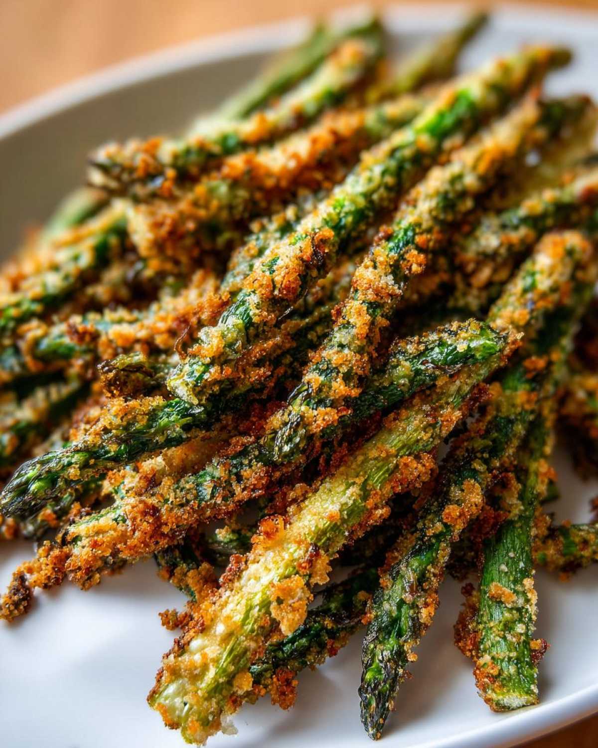 Close-up of a pile of Air Fryer Crispy Parmesan Asparagus Fries on a white plate, showing golden brown coating.