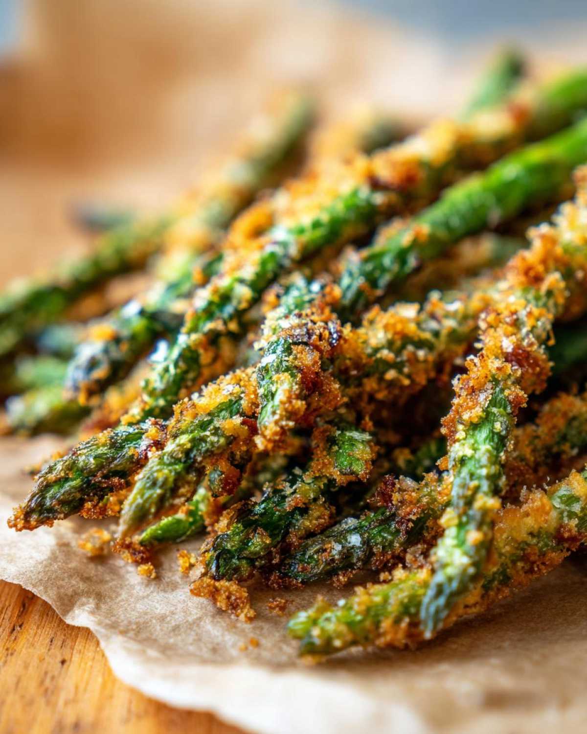 Close-up of golden brown Air Fryer Crispy Parmesan Asparagus Fries piled on parchment paper.