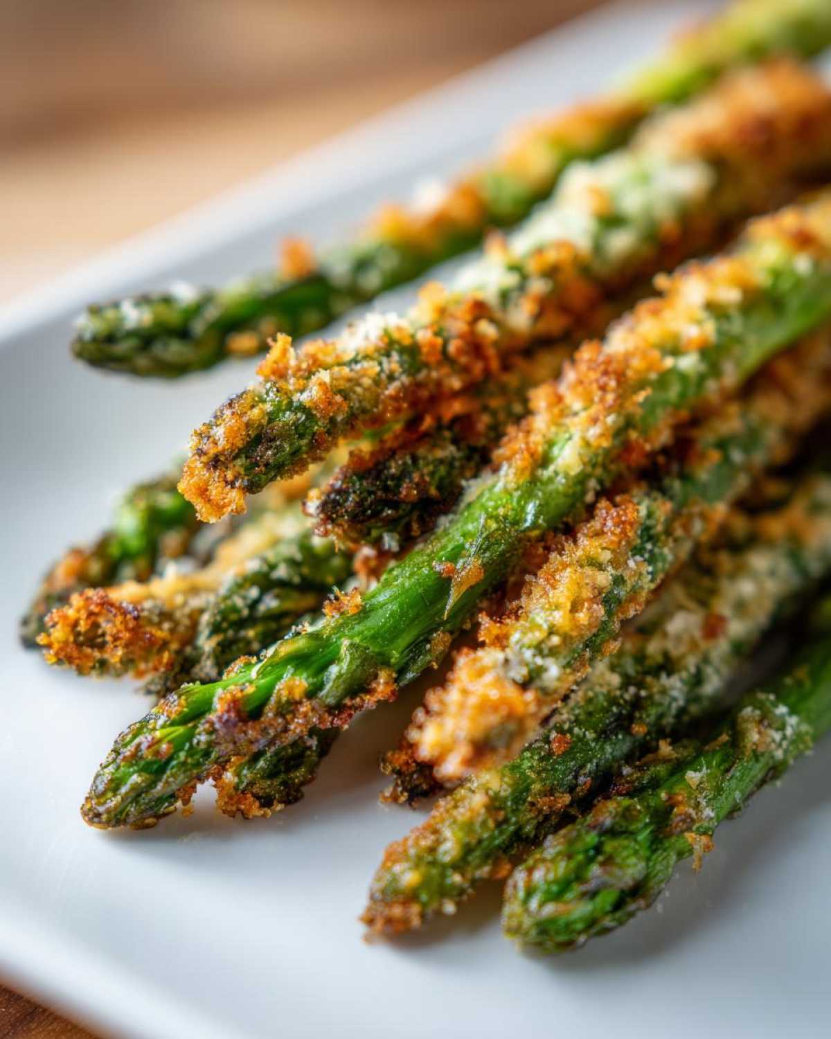 Close-up of bright green asparagus spears coated in crispy, golden Parmesan breading, served on a white plate.