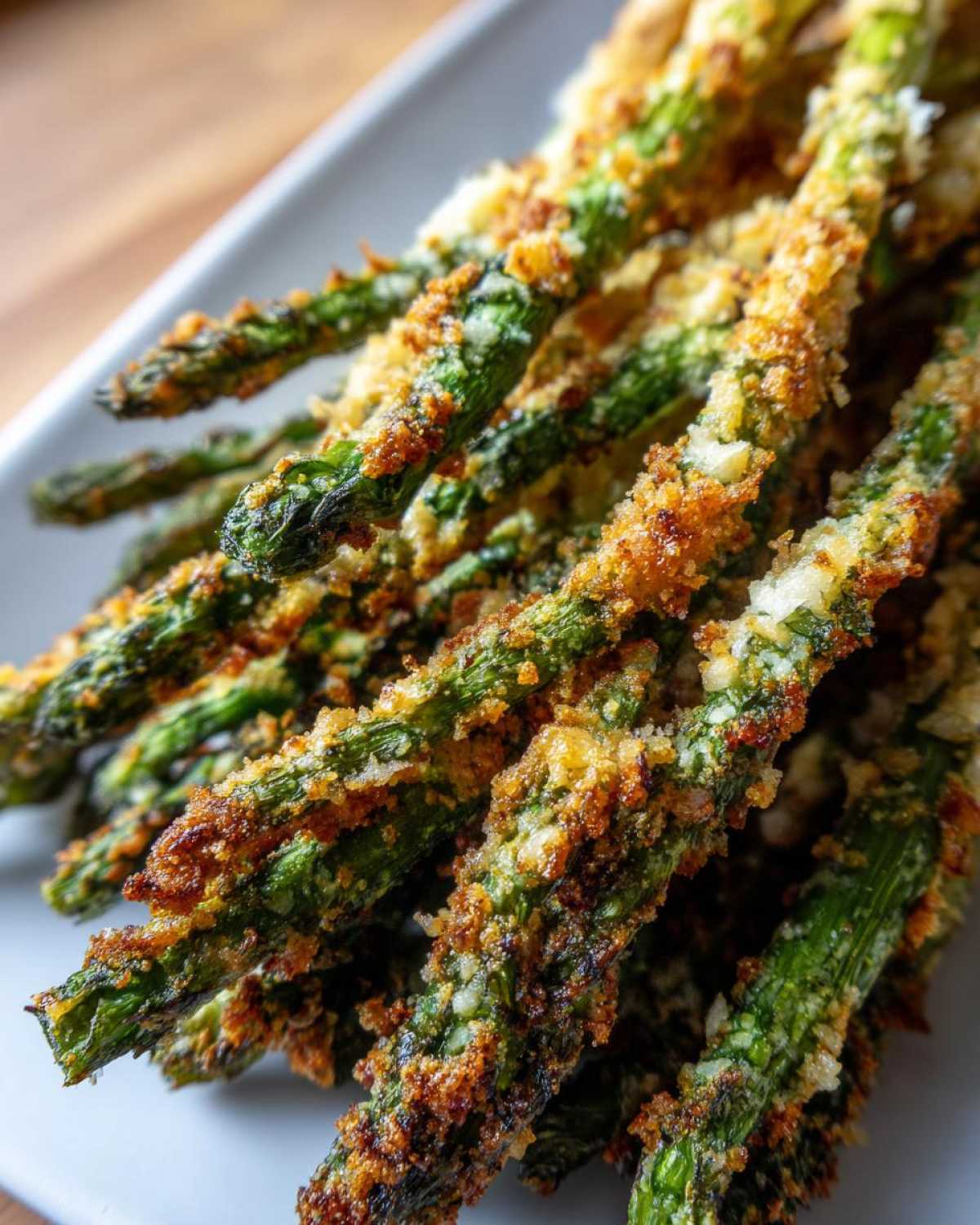 Close-up of golden brown, crispy Air Fryer Crispy Parmesan Asparagus Fries piled on a white plate.