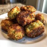 A pile of golden brown, crispy Air Fryer Crispy Parmesan Broccoli Tots served on a white plate.